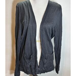 Ann Taylor LOFT Linen Cardigan Blue Open Front Pocket Sweater Womens L